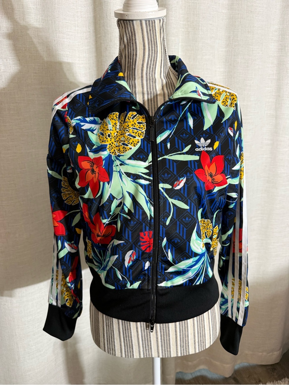 adidas Navy Floral Bomber Jacket with Red & Yellow Accents